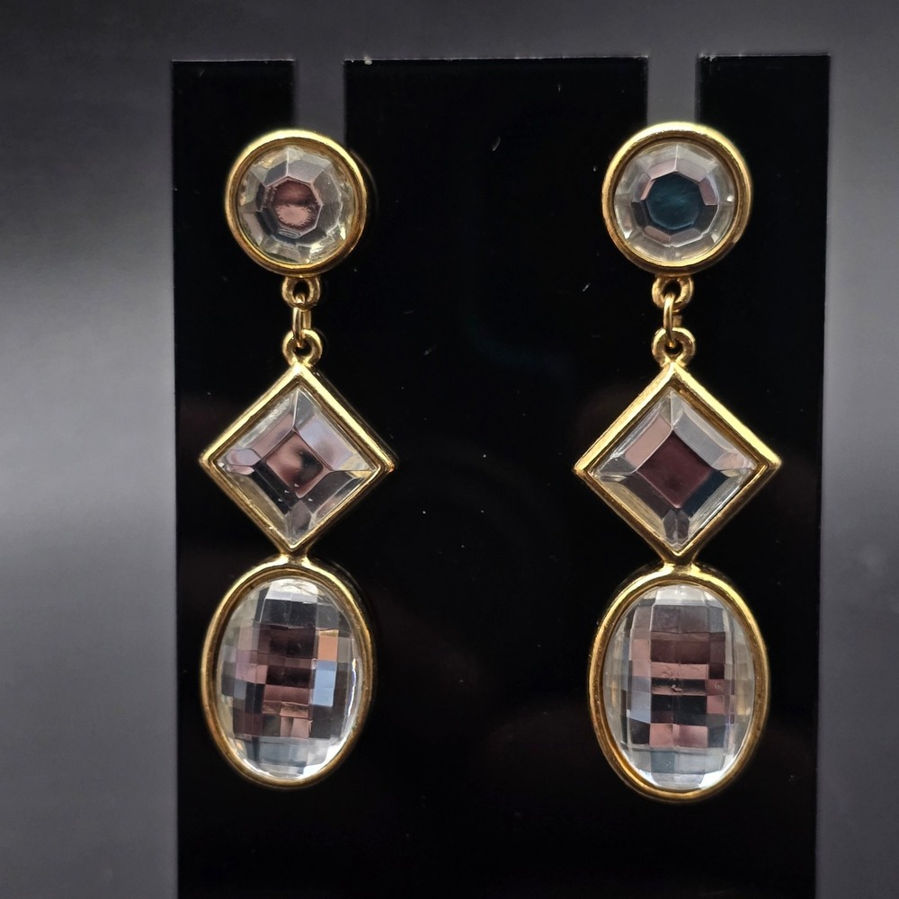 Avon 1989 Showstopper Earrings Rhinestone Dangle Drop Gold Tone Pierced Vintage
